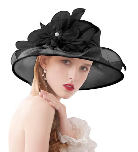Women's Kentucky Derby Church Dress Hat Wide Brim Leaf Flower Bridal Shower Hat - color: T1 Black
