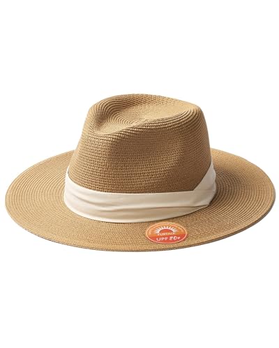FURTALK Sun Hat Wide Brim Straw Fedora Panama Beach for Men Women - color: Khaki+white, size: Medium-Large