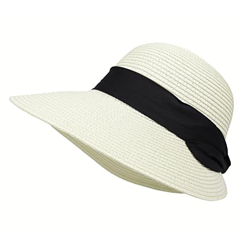 Summer Beach Sun Straw Hats for Women Wide Brim Packable Travel Bucket Hats UPF 50+ - color: White, With Black Band