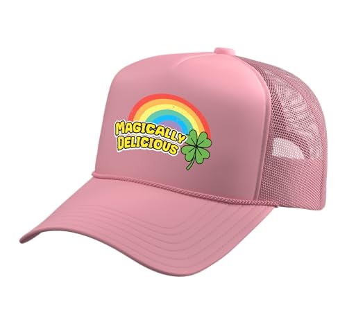 St Patricks Day Magically Delicious Saint Paddys Men Women Trucker Hat with Adjustable Mesh Back - color: Pink