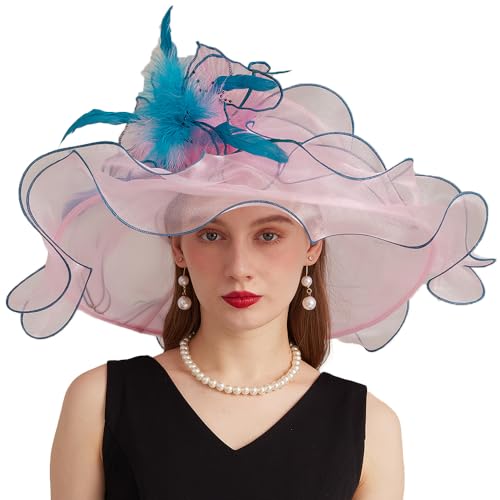 Kentucky Organza Derby Top Hats for Women Sun Visor Cap Ladies Flowers Bride Weeding Fascinators Wide Brim Fedoras - color: Pink 1