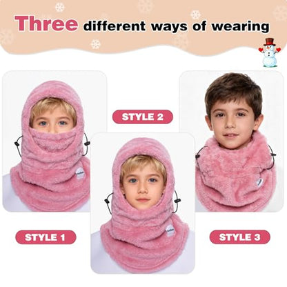 Kids Balaclava Ski Mask Windproof Hooded Face Mask Thermal Fleece Winter Hat for Boys Girls - color: Light Purple