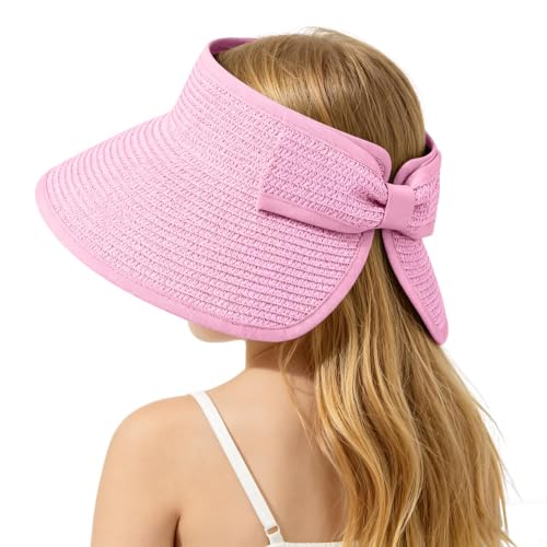 ZOORON Girls Straw Sun Visor Hat, Wide Brim Ponytail Beach Hat with Bow - color: Pink