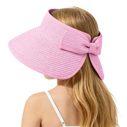 ZOORON Girls Straw Sun Visor Hat, Wide Brim Ponytail Beach Hat with Bow - color: Pink
