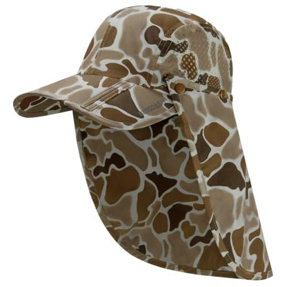 BASSDASH UPF 50+ Fishing Hat, Baseball Cap with Removable Neck Flap - color: Camel Brown Block Camo With Foldable Brim