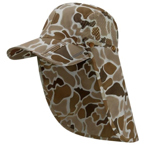 BASSDASH UPF 50+ Fishing Hat, Baseball Cap with Removable Neck Flap - color: Camel Brown Block Camo With Foldable Brim