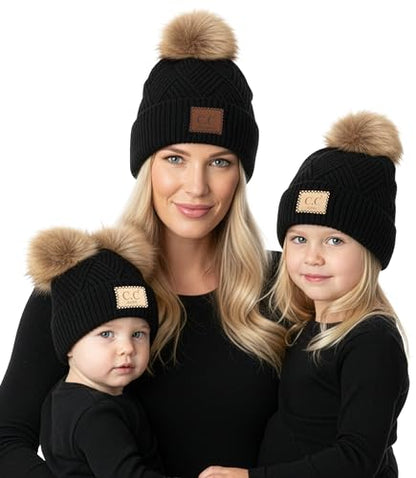 Funky Junque Mommy & Me Double Pom Beanies 3-Pack Matching Winter Hats for Mom, Toddler & Infant Girls, Cozy Knit Family Set - color: Adult/Toddler (Single Pom)/Infant (Double Pom) - Diagonal Stripes - Black (3 Pack)