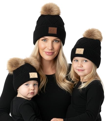 Funky Junque Mommy & Me Double Pom Beanies 3-Pack Matching Winter Hats for Mom, Toddler & Infant Girls, Cozy Knit Family Set - color: Adult/Toddler (Single Pom)/Infant (Double Pom) - Diagonal Stripes - Black (3 Pack)