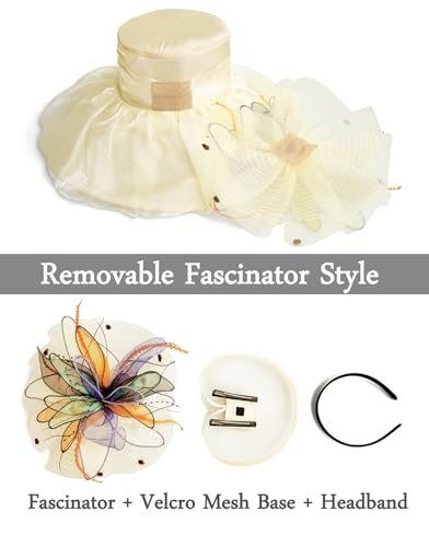 Women Derby Fascinator Hat Organza Church Wedding Hats Wide Brim Cocktail Tea Party Hat - color: 37apricot