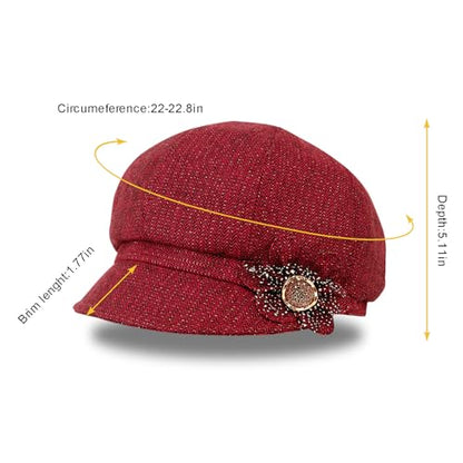 Women Retro Classic Visor Newsboy Cabbie Cap Beret Hats with Flower Buckle for Woman Ladies - color: 1red