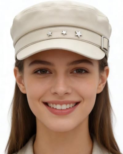 BOLLEY JOSS Womens Fashion Newsboy Cap Faux Leather Bakerboy Hat Stars Buckle Beret Paperboy Fiddler Captain Sailor Hats - color: Off-white