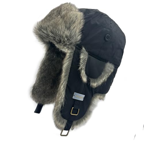 Winter Trapper Hat for Men and Women,Russian Ushanka Aviator Warm Cold Proof Ski Hunting Cycling Winter Hats - color: Black Taslan Faux Fur, size: Small-Medium