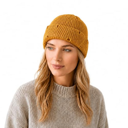 Unisex Warm Knit Skull Cap Hip-hop Slouchy Ripped Knitted Hat - color: Yellow