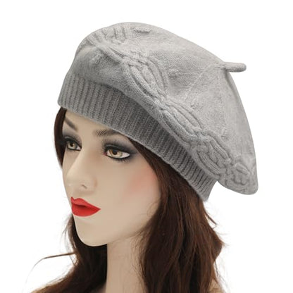 ZLYC Women French Beret Hat Reversible Solid Color Knit Warm Artist Cap - color: Cable Knit Gray