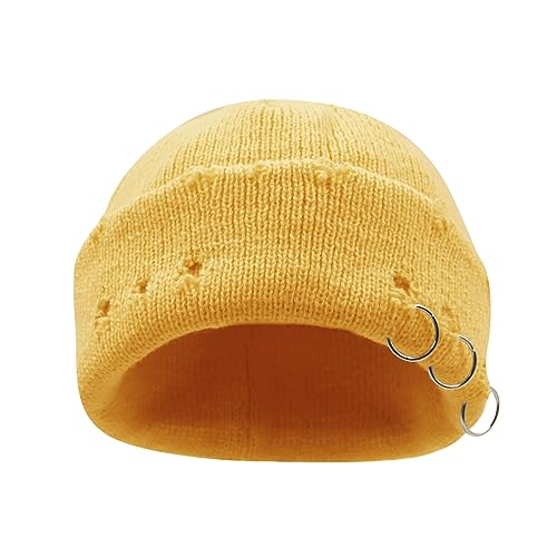 AIBEARTY Swag Short Fisherman Beanie for Men Women Rolled Cuff Beanie Skull Caps Wool Knit Winter Ski Hat with O Rings - color: Yellow