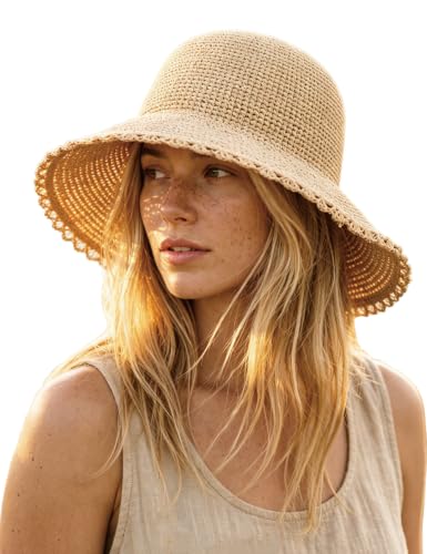 Women's Raffia Straw Bucket Hat Natural Raffia Beach Hat Handmade Woven Foldable Sun Hats Summer Travel Cap - color: Natural-scalloped