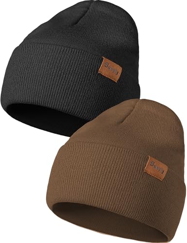 Beanie Hats for Men Women Knit Winter Hat, Warm Skull Stocking Cap, Striped Snow Hat Heated Cuffed Beanie - color: 2p-black+coffee