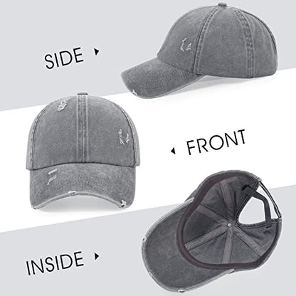 HH HOFNEN Ponytail Hat for Women Washed Distressed Baseball Cap Ponycaps - color: #2 Grey