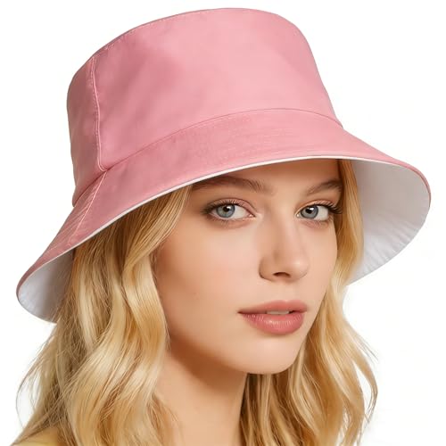 Bucket Hat for Men and Women 2-in-1 Reversible Sun Protection Fashion Flat Top Cap for Fishing Travel Beach Sports - color: Pink-white