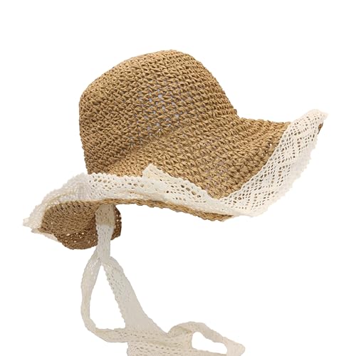 Ladies Wide Brim Beach Straw Hat Summer Vacation Sun Protection Hat Braided Lace Edge Hat Soft Foldable Lightweight - color: Khaki