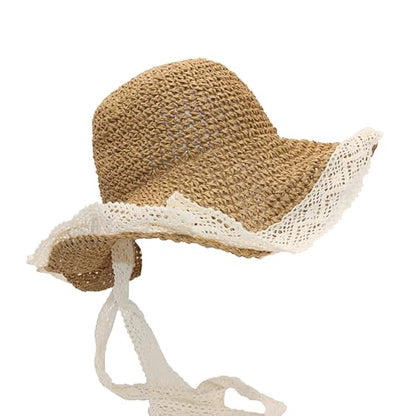 Ladies Wide Brim Beach Straw Hat Summer Vacation Sun Protection Hat Braided Lace Edge Hat Soft Foldable Lightweight - color: Khaki
