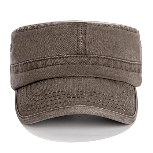 Army Cadet Cap for Men Women Washed Cotton Adjustable Flat Top Hats, Vintage Baseball Caps - color: Coffee