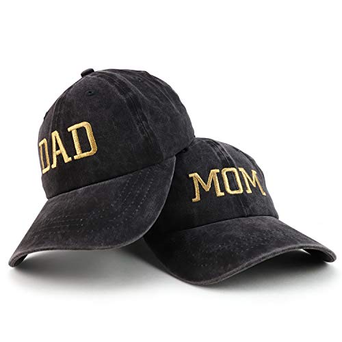 Trendy Apparel Shop Capital Gold Thread Mom and Dad Pigment Dyed 2 Pc Cap Set - color: Black Black
