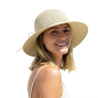 Womens Summer Straw Beach Sun Hats Packable Foldable Bucket - color: Cream