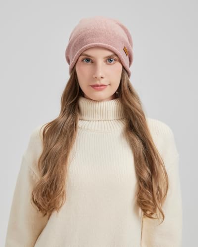 100% Merino Wool Slouchy Beanie Hat, Women Warm Winter Caps Soft, Ladies Breathable & Cozy Stretchy Knitted Skull Cap - color: Pink