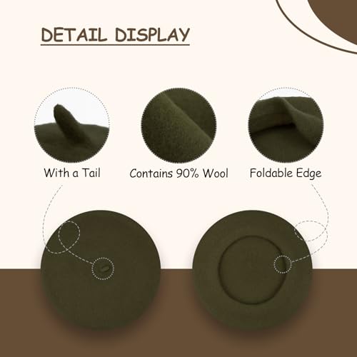 Gllutt Women Wool Beret Hat French Style Solid Color - color: Olive Green