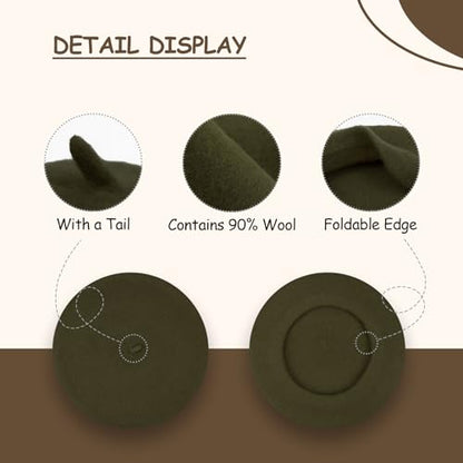 Gllutt Women Wool Beret Hat French Style Solid Color - color: Olive Green