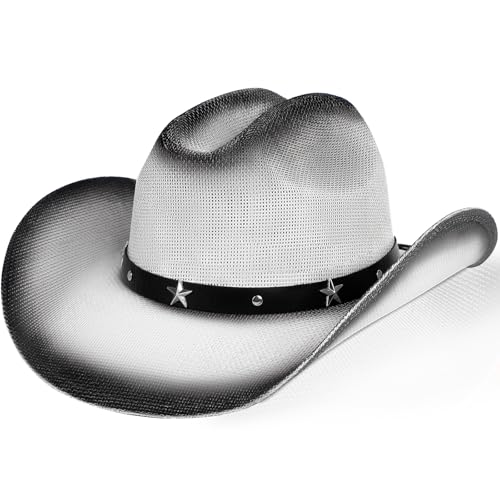 WQWOVRVO Cowboy Hat,Cowgirl hat,Brown Cowboy Hats for Women/Mens Straw Wide with Shapeable Brim Western Cowboy Hat for Womens - color: White & Black Color