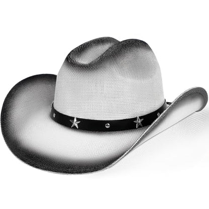 WQWOVRVO Cowboy Hat,Cowgirl hat,Brown Cowboy Hats for Women/Mens Straw Wide with Shapeable Brim Western Cowboy Hat for Womens - color: White & Black Color