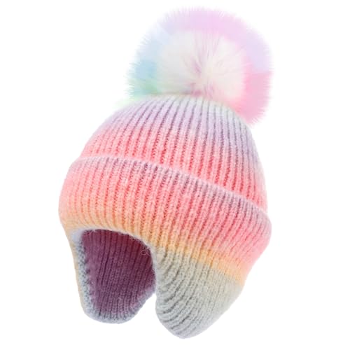 Kids Winter Hat with Ear Flaps, Toddler Boys Girls Fleece Lined Knit Beanie Colorful Pattern Pom Pom Ski Cap for 2-10Y - color: Rainbow Colors(knit Lined), size: 5-10 Years