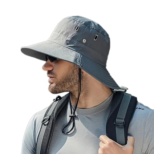 Men's Beach-Sun-Hat Wide-Brim Sun-Protection-Fishing Hat Outdoor Boonie Hat - color: Dark Grey
