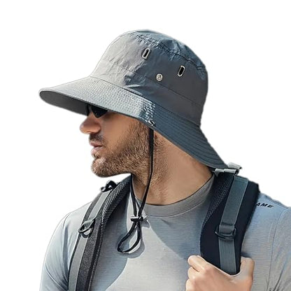 Men's Beach-Sun-Hat Wide-Brim Sun-Protection-Fishing Hat Outdoor Boonie Hat - color: Dark Grey