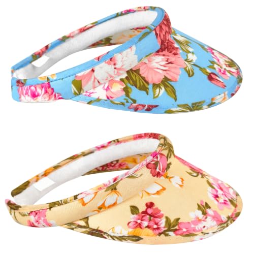 2 Pack Sun Visor Hats Women Men Clip On Wide Brim Visors Hat Outdoor Sports Golf Beach Travel Tennis Caps - color: Flower-blue Yellow