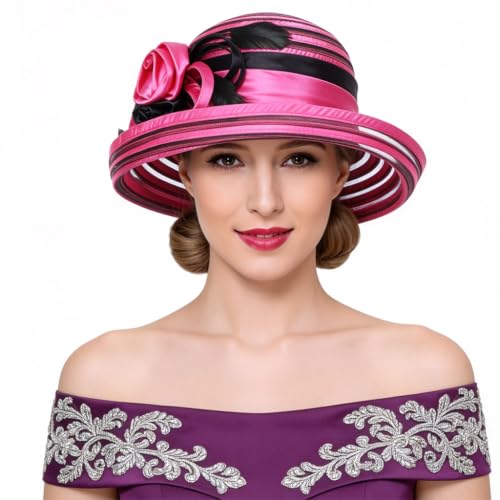 Ruphedy Women Derby Church Dress Bucket Hat Fascinators Tea Party Wedding Hat - color: S027-rose