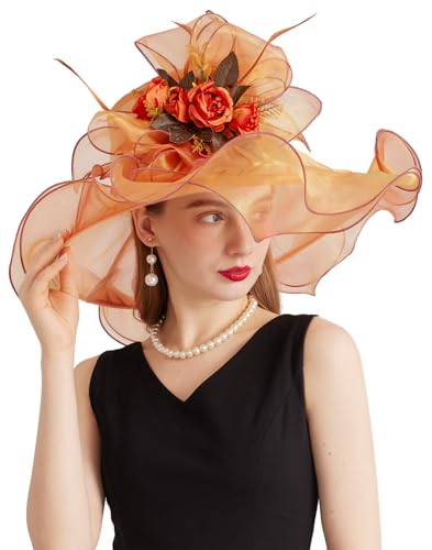 Women Derby Fascinator Hat Organza Church Wedding Hats Wide Brim Cocktail Tea Party Hat - color: 38champagne Orange