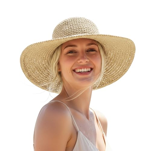 Womens Beach Sun Straw Hat Summer Floppy Wide Brim Foldable Packable - color: Aa Beige