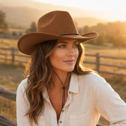 COLLECT PRESENT Plain Felt Cowboy & Cowgirl Hat for Men and Women | Western Studded Cowboy Hat in Adult Sizes - color: Brown