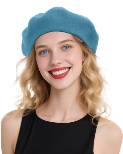 French Beret Hats for Women - Wool Solid Color Beanie Cap - color: Lake Blue
