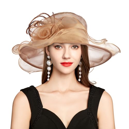 2026 Derby Hat, Classy Sun Hats for Women Ladies, Organza Feather Kentucky Fascinator for Tea Party Church UV Protection - color: V-3021-peach Wood