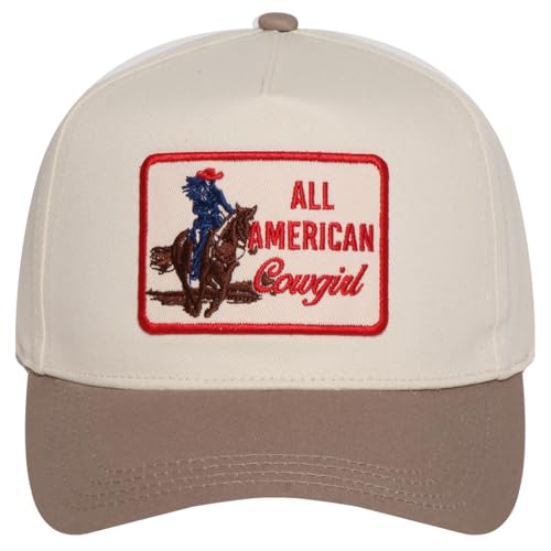 MIRMARU Western Cowboy Embroidered 5 Panel Cotton Two Tone Trucker Hat-Retro Southwest Style Snapback Cap for Men and Women. - color: Patch-all American Cowgirl,beige