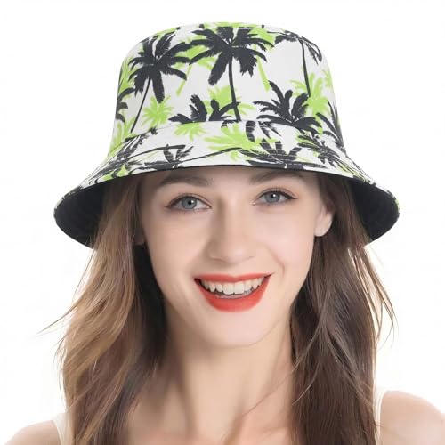 ZLYC Printed Bucket Hat for Women Men Packable Summer Sun Hat for Beach - color: Palm Tree Green