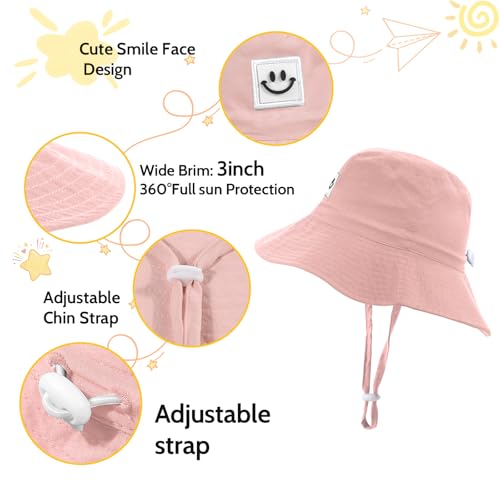 Kids Sun Hat Smile Face Bucket Hat Toddler Hat Wide Brim Adjustable Strap - color: Pink, size: 3-8T