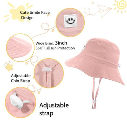 Kids Sun Hat Smile Face Bucket Hat Toddler Hat Wide Brim Adjustable Strap - color: Pink+white, size: 3-8T