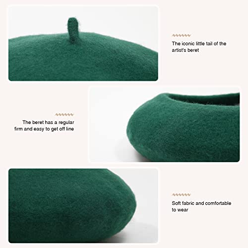 Women French Wool Beret Hats - Solid Color Classic Beanie Winter Cap - color: Blackish Green