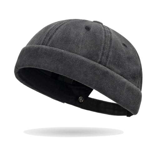 Sailor Brimless Skull Hat, Washed Cotton Docker Hat for Men Vintage - color: Black