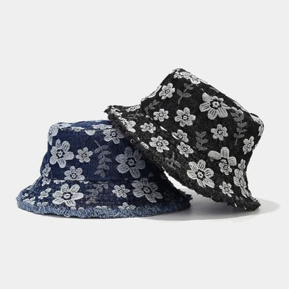 Quanhaigou Frayed Unisex Sun Hats, Fashion Beach Bucket Hat for Men Women,Summer Outdoor Boy's Girls Boonie Cap - color: Denim Floral D.blue
